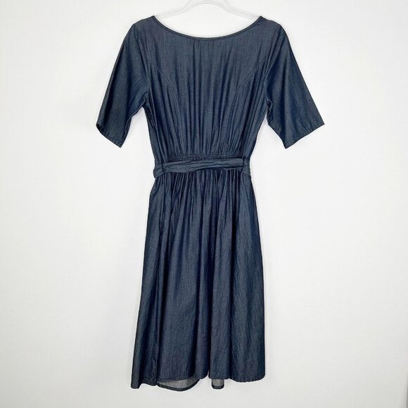 Eshakti Embroidered Chambray Dress Womens Size Medium Blue Tie Waist - Picture 6 of 10